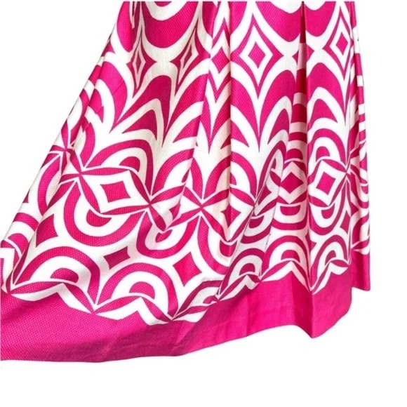 TALBOTS Geo Scallop Cap Sleeve Fit & Flare Pleated Dress Pink/White 6 - Picture 4 of 14